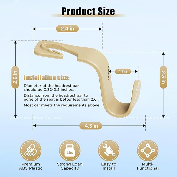 Amooca Car Seat Headrest Hook 4 Pack Hanger Storage Organizer Universal for Handbag Purse Coat Universal fit Vehicle Car Beige with Clip