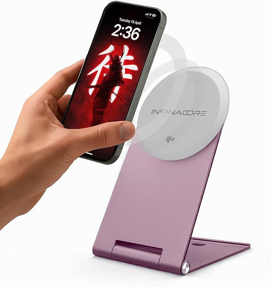 InfinaCore Magnetic Wireless Charger Stand for Apple Devices, iPhone, AirPods - Durable-Build Fast Charging Stand - Qi2 Certified Bedside Phone Charger Station Compatible with MagSafe - 15W
