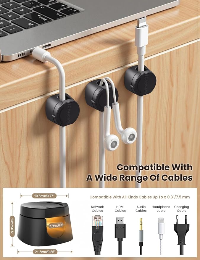 6-Pack Magnetic Cable Clips 360° Rotating, Kanemc Adhesive Cord Organizer for Desk, Minimalist Wire Holder Cable Management for Phone Charger, Laptop Cords, Nightstand and Office Accessories