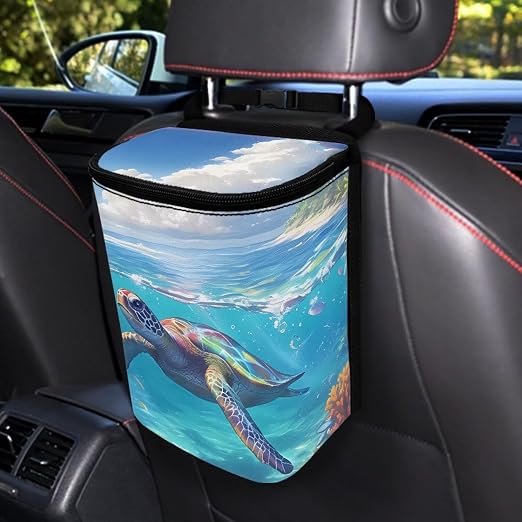 Biyejit Turtle Print Car Trash Can with Lid Collapsible Waterproof Reusable Automotive Garbage Bin with Adjustable Strap Car Accessories Interior Cars Organizer