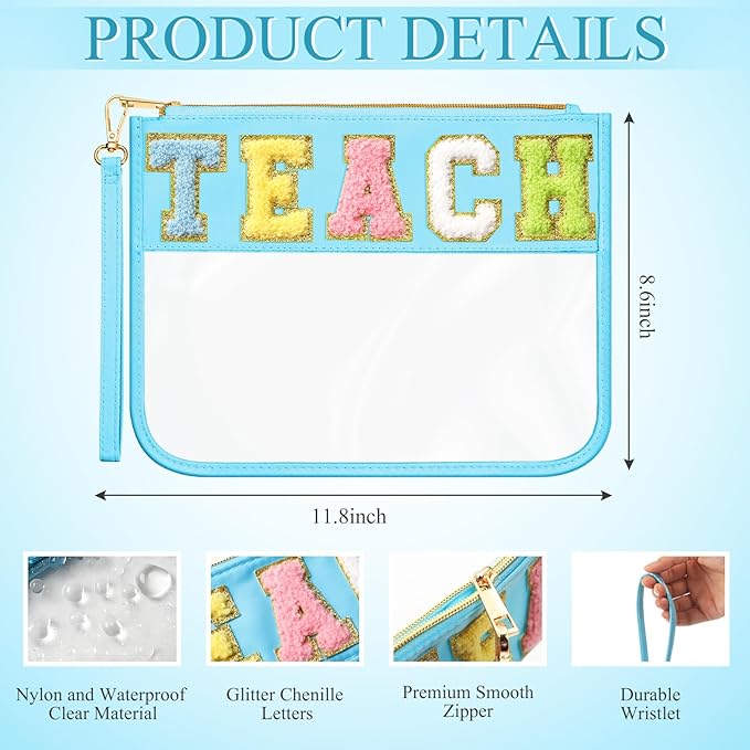 Abbylike 12 Pcs Snack Bags Clear Chenille Letter Teach Zipper Pouch Waterproof PVC Large Travel Makeup Cosmetic Storage Organizer Bag for Mom Team Cheerleaders Teacher (Multicolor)