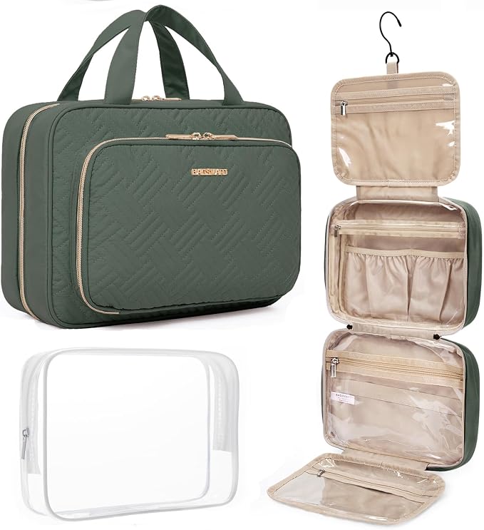 BAGSMART Toiletry Bag Hanging Travel Makeup Organizer with TSA Approved Transparent Cosmetic Bag Makeup Bag for Full Sized Toiletries(Dusty Green)