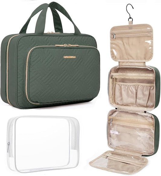 BAGSMART Toiletry Bag Hanging Travel Makeup Organizer with TSA Approved Transparent Cosmetic Bag Makeup Bag for Full Sized Toiletries(Dusty Green)
