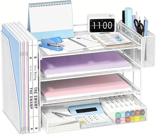 OPNICE 4-Tier Desk Organizer and Accessories, Desktop File Organizer with Drawer, Pen Holder and File Holder, Paper Letter Tray Organizer, Office Desk Accessories for Home Office Supplies, White