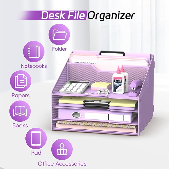Desk File Organizer, 4 Letter Trays and 2 Upright Sections, Purple | Paper organizer for desk with tiered letter trays and upright file sections for home office, school and workspace use
