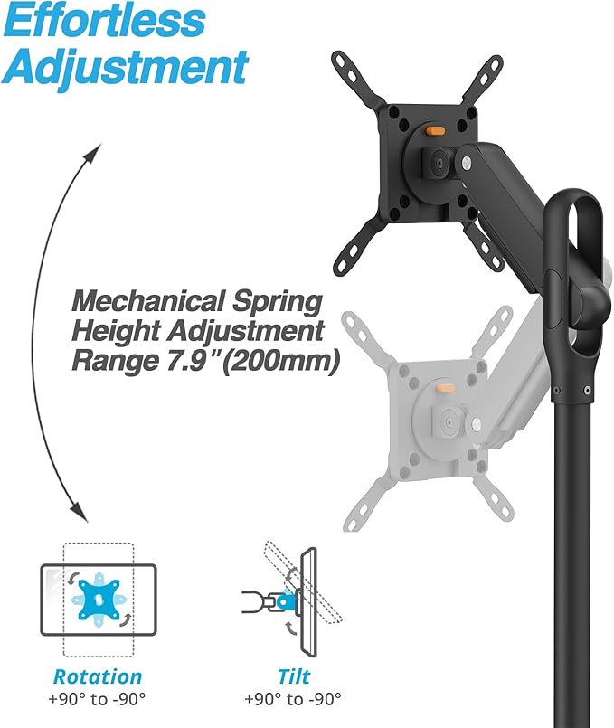 AVLT Single 17 to 43 Inch Portable Monitor Arm TV Rolling Stand with Heavy Base for Screens Up to 22 lbs, Mechanical Spring Height Adjustment, Screen Rotation, Mobile Low Profile Caster Wheel, Black
