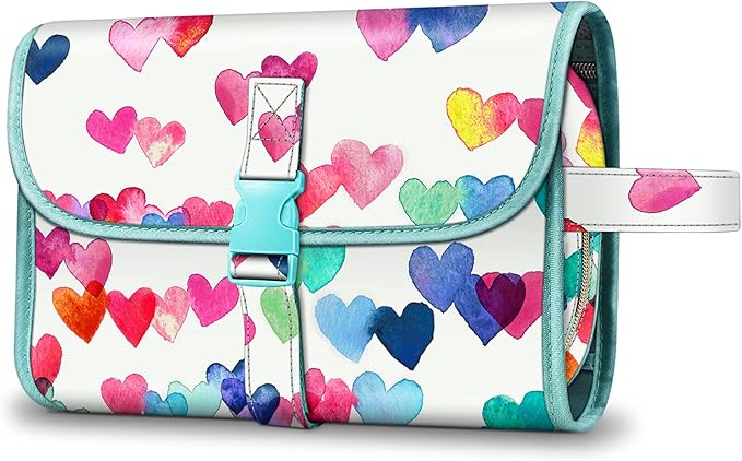 Fintie Portable Toiletry Cosmetic Travel Bag, Large Water Resistant Hanging Makeup Organizer Storage Pouch Case for Women Girls (Raining Hearts)