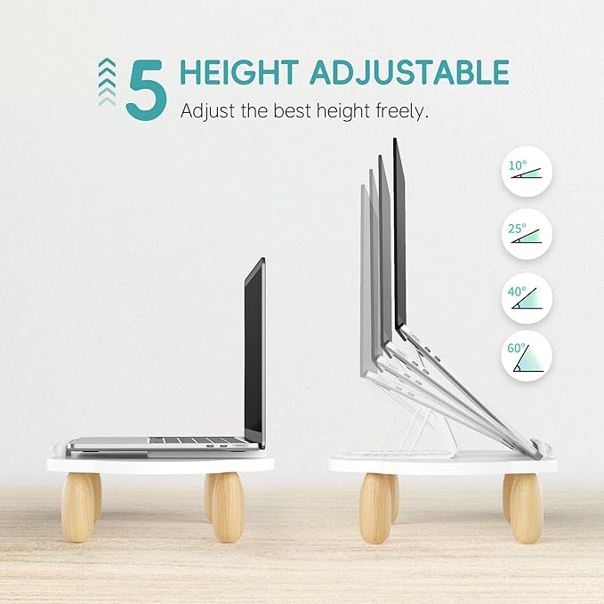 AFOOYO Adjustable Wood Laptop Stand, Ergonomic Height Angles Computer Stand, Cloud-Shaped Holder Riser Notebook Stand for Desk Compatible with Air, Pro, Dell, HP, Lenovo More 10-17.3" Laptops, White