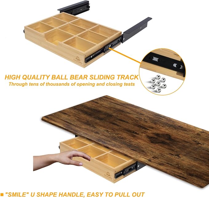 Under Desk Bamboo Drawer with U-Shaped Hollow Panel to Pull Out, 13'' Long & 9.5'' Deep Adjustable Space Storage Organizer for Sit Stand Workstation
