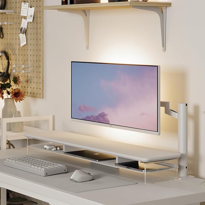 Fenge Acrylic Monitor Stand, 42.5 Inch Clear Dual Monitor Riser with Metal Storage, 2 Tier Computer Riser with LED Lights for Desk, Laptop, Printer, TV