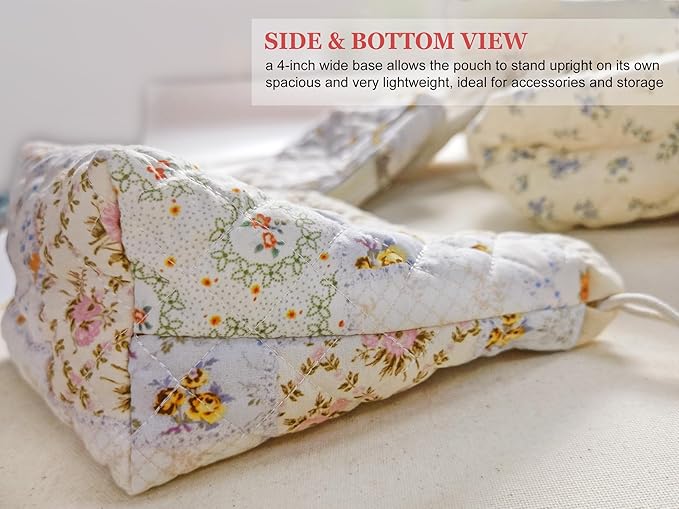 HAPPYHEIDI Floral Cotton Quilted Makeup Bag Set 2 Cosmetic Toiletry Travel Pouch w Pocket Purse Organizer 2-Size