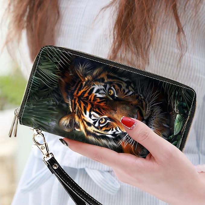 Women's Large Capacity Wallet PU Leather Double Zipper Clutch Purse Multifunctional Wallet with Removable Wristlet Strap for Smart Phone/Coin/Card/Cash - Tiger