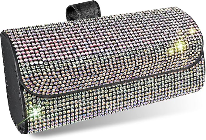 Bling Sunglasses Holder for Car Sun Visor, Rhinestone Auto Eyeglasses Mount Clip Organizer, Leather Sunvisor Sunglasses Storage Case, Universal Glasses Holder Clips for SUV, Sedan, Van (AB)