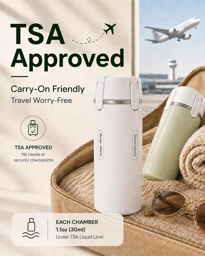 4 in 1 Travel Dispenser Bottle, TSA Approved Leak Proof Refillable Toiletry Containers for Shampoo, Conditioner, Lotion & Skincare – Easy Clean Travel Bottles for Gym, Business