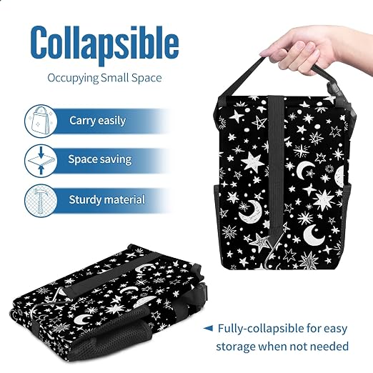 Gothic Black White Moon Stars Car Trash Can with Lid Collapsible Reusable Waterproof Car Garage Bag,Automotive Garbage Can,Car Accessories Interior Car Organizer