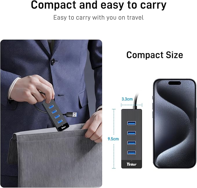 4 Port USB 3.0 Hub 5FT/1.5M Cable with 5 Gbps Speed & 5V USB-C Power Supply – USB hub Splitter for Office, Home Office, Gaming, and External Devices