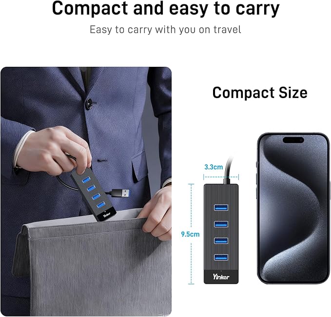 USB Hub 4 Ports, Multiple USB 3.0 Hub, USB-A Splitter for Laptop with Type-C Power Port, Extender for A Port Laptop, PC Desktop and More(0.5ft)