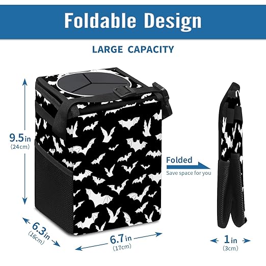 Car Trash Can with Lid Black and White Goth Bats Collapsible Reusable Leak-Proof Auto Garage Bag,Hanging Vehicle Car Accessories Interior Car Organizer