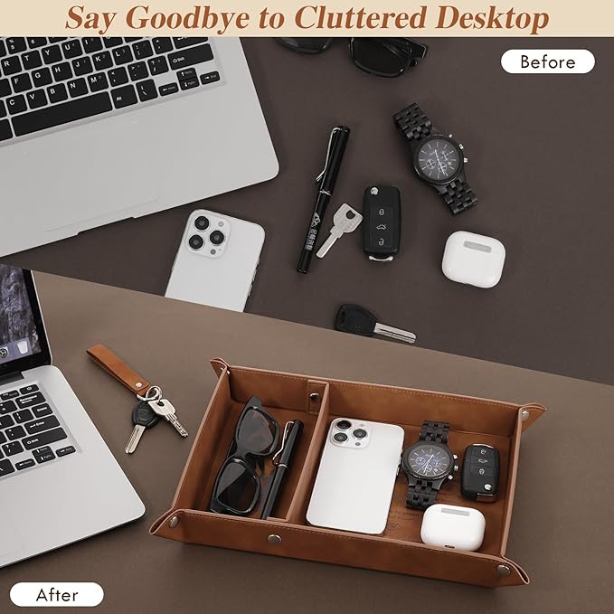 Best Dad Ever Gifts PU Leather Valet Tray, Key Tray Christmas Gifts for Dad Who Wants Nothing, Unique Dad Gifts from Daughter Son, Large