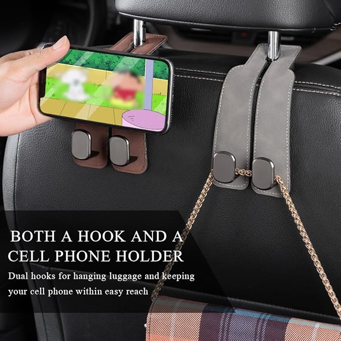 2 PCS Car Seat Headrest Hook, Back Seat Hanger with Double Flexible Leather Hooks, Soft Leather Double Headrest Metal Hooks Purse Handbag Organizer, Car Accessories (Black)