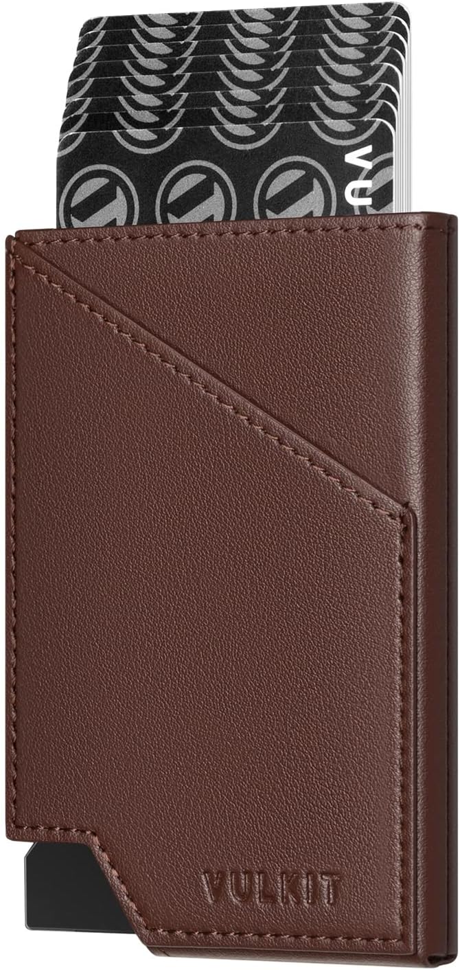 VULKIT Pop up Card Wallet RFID Blocking Slim Aluminum Metal Bank Card Holder Case with Business Money Pocket for Credit Cards Notes and Coins (Espresso)
