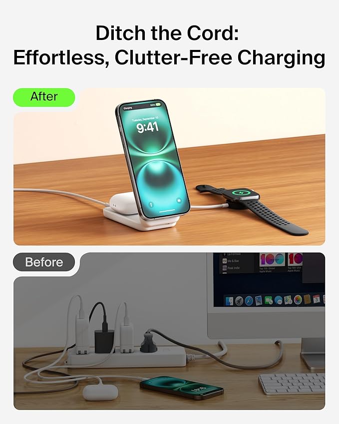 Belkin MagSafe Charger, Compatible 2-in-1 Charging Station, Qi2.2 25W Magnetic Wireless Charger iPhone, Foldable Stand, with 5W USB-C Port, for iPhone 17/16/15, Pixel 10, AirPods, 45W Adapter Included