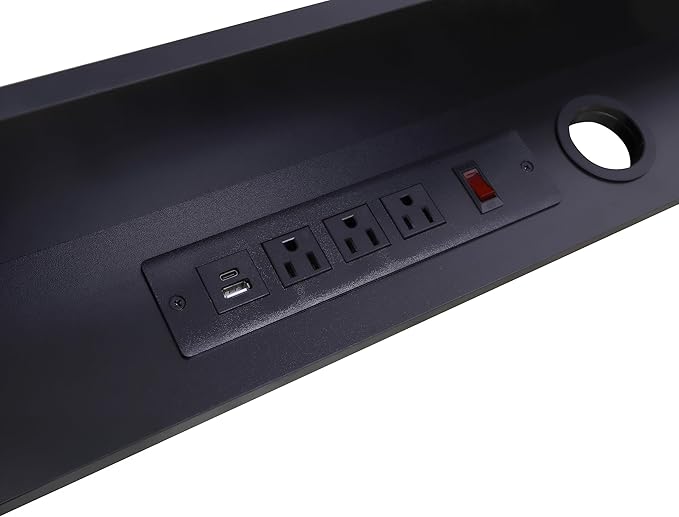 Rocelco 30" Dual Monitor Stand with AC Outlets and USB Power/Charging Strip - Wood Laptop TV PC Riser Shelf with Keyboard Mouse Storage and Cable Management - Black (R DMSV)
