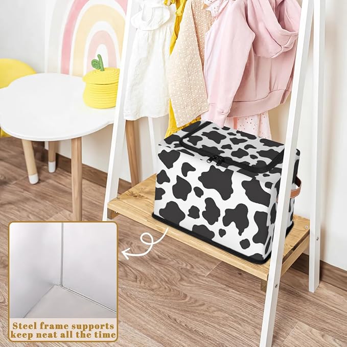 Cow Print Pattern Storage Bins With Zipper Lid, Collapsible Trunk Organizer, Car Organizers and Storage Bins with Lids, Decorative Storage Boxes with Handle, Home Storage Baskets for Organizing