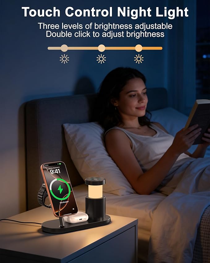 MagSafe Charger Compatible, 4-in-1 Charging Station, Qi2.2 25W Certified with LED Night Light/Magnetic Wireless Charger for iPhone 17/16/15,Apple Watch,AirPods,Pixel 10(45W Adapter Included)