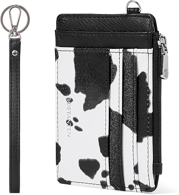 BOSTANTEN Small Wallet For Women RFID Leather Credit Card Holder Slim Wristlet Keychain Wallet With Zipper Pocket White Cow Print