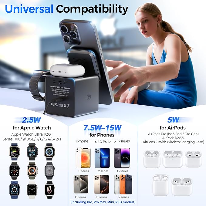 3-in-1 Wireless Charging Station for MagSafe, Fast 15W Magnetic Charger Stand for iPhone 17 16 15 14 13 12, Apple Watch & AirPods, Foldable Travel Charger with Night Light (18W Adapter Included)