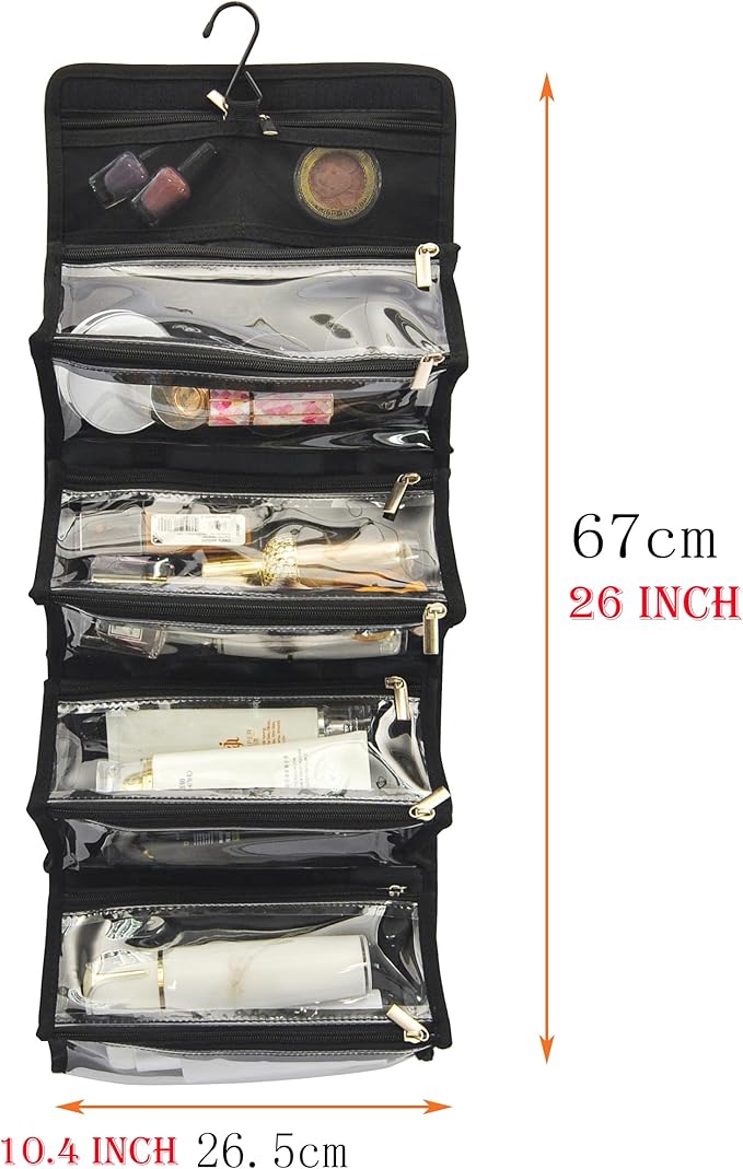 Large Capacity Hanging Eco Polyester Travel Toiletry Bag Makeup Cosmetic Bag 4-in-1 Roll-Up Make Up Storage Organizer With 4 detachable Removable Zipper Clear TPU Pouches & Hook