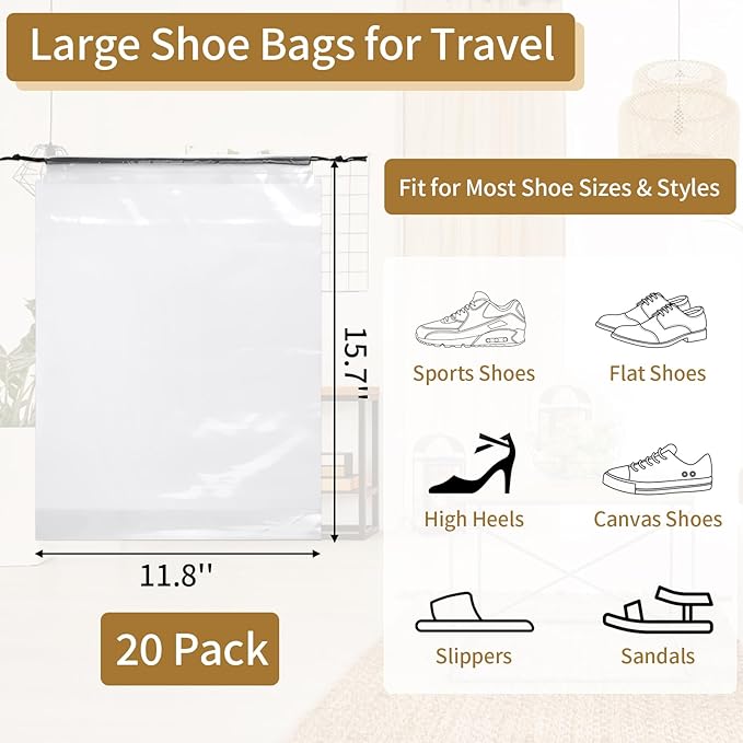 20 Pack Shoe Bags for Travel, Clear Travel Shoe Bags for Packing, Large Waterproof Portable Drawstring Travel Shoe Storage Bag Travel Essentials Women for and Men