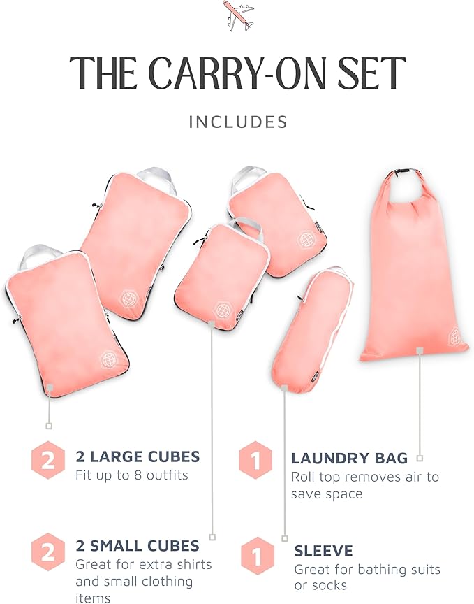 Compression Packing Cubes for Travel, 6-Piece Lightweight Packing Cubes Set for Carry-On Luggage & Backpacks – TRIPPED Travel Gear (Coral Bloom)