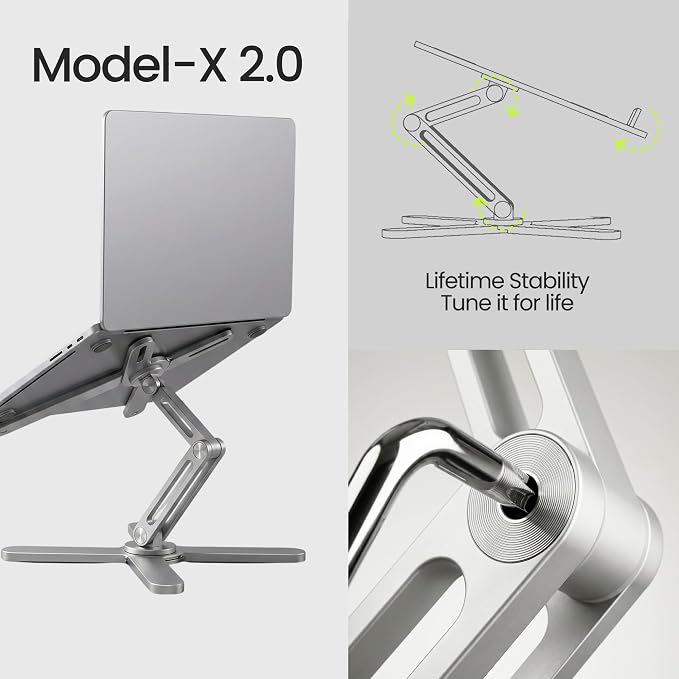 Model-X 2.0 Laptop Stand, Laptop Stand for Desk Adjustable Height, 360 Rotating Laptop Riser Aluminum Portable Foldable Computer Stand for MacBook Pro Air 10–17 inches (Polar White)