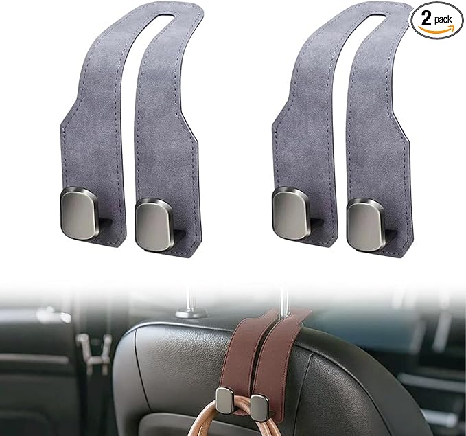 2026 New Headrest Hooks for Car, Car Seat Back Storage Hook, Leather Seat Back Storage Hook Organizer, Twin Hook Design Heavy Duty Holder for Purse, Bags, Handbag, Grocery, Umbrella (2, Grey)