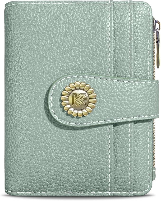 Kelvoris Small Rfid Women Wallet Bifold Zipper Coin Pocket PU Leather Compact Cash Credit Card Holder Travel Wallet for Female Ladies Teen Girls 1 ID Window 10 Card Slots Sage Green