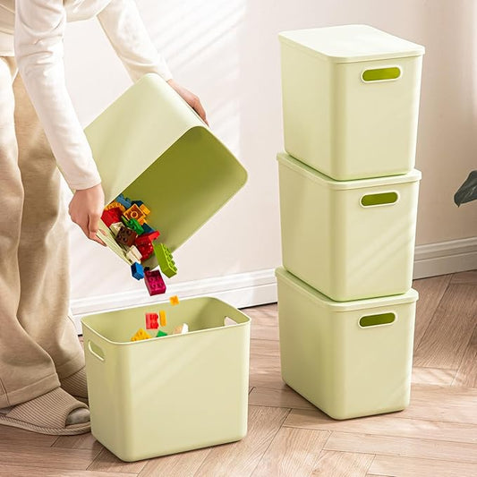 5 pack large plastic White storage bins with Lids, Toy Box Chest with Handle，Organizer Containers Baskets for Baby,Nursery，Shelves，Playroom, Bedroom，Office,Closet，home (Light Green, 5L)