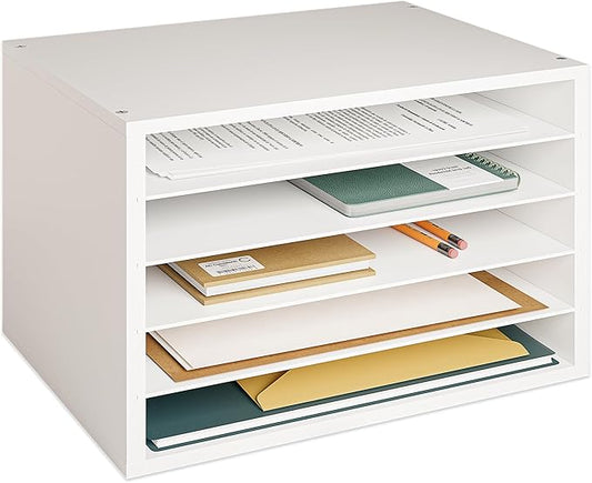 Ballucci 5 Tier Paper Organizer Letter Tray, Wood Desk File Organizer with Adjustable Shelves, Home Office School Letter/A4 Mail Sorter Magazine Holder - White