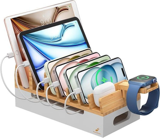 Bamboo Charging Station with Watch Stand, Docking Holder for Multi Device with 5 Charge Cables, Desktop Dock Stations Electronic Organizer for Cellphone, Tablet, Watch(No USB Charger)-Natural + White