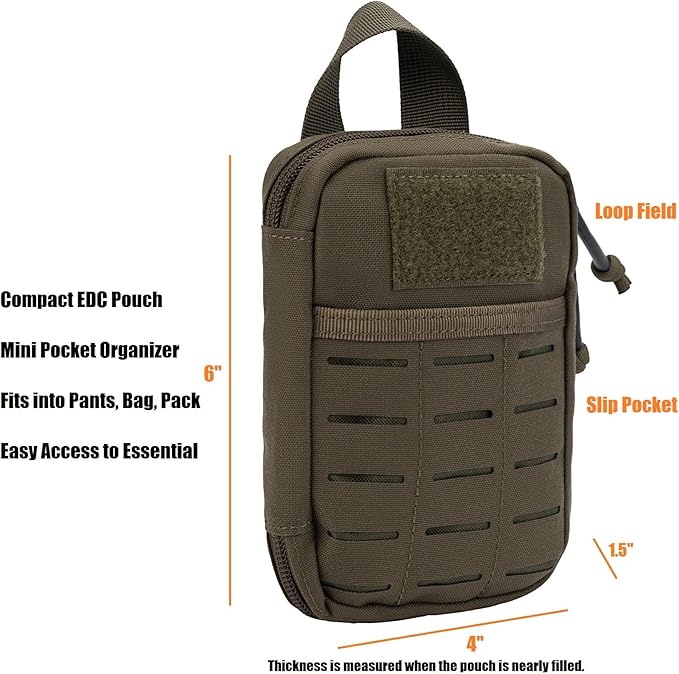 Mini Pocket Organizer for Men EDC Gear Storage Pouch Belt/MOLLE-Compatible 6" x 4" x 1.5" Micro Nylon Bag for Multitools Flashlight Knife Pen Field Notebook Tactical Survival Outdoor Gadget