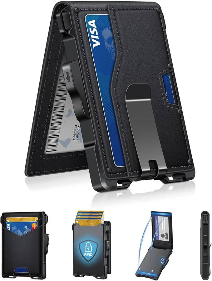 GHUKY Wallet for Men, Minimalist Slim Mens Wallet with Money Clip, RFID Blocking Smart Pop Up Card Wallet with ID Window, Compact Bifold Wallet,Metal Aluminum Credit Card Holder