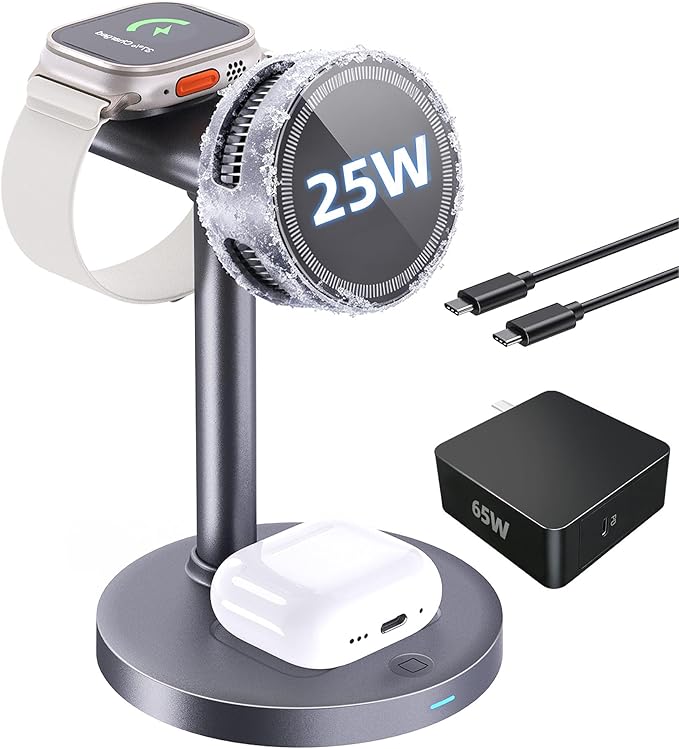 25W Wireless Charger 3 in 1 Magnetic Charging Station with TEC Active Cooling, Qi2.2 Certified Fast Charging Stand for iPhone 17 Pro Max/16/15, Apple Watch & AirPods, 65W Adapter Included