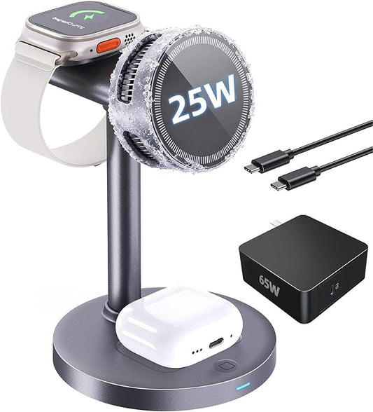 25W Wireless Charger 3 in 1 Magnetic Charging Station with TEC Active Cooling, Qi2.2 Certified Fast Charging Stand for iPhone 17 Pro Max/16/15, Apple Watch & AirPods, 65W Adapter Included