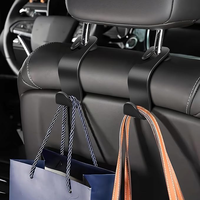 Car Seat Headrest Hook 4 Pack - Universal Auto Seat Hook Hanger Storage Organizer Holder (Black)