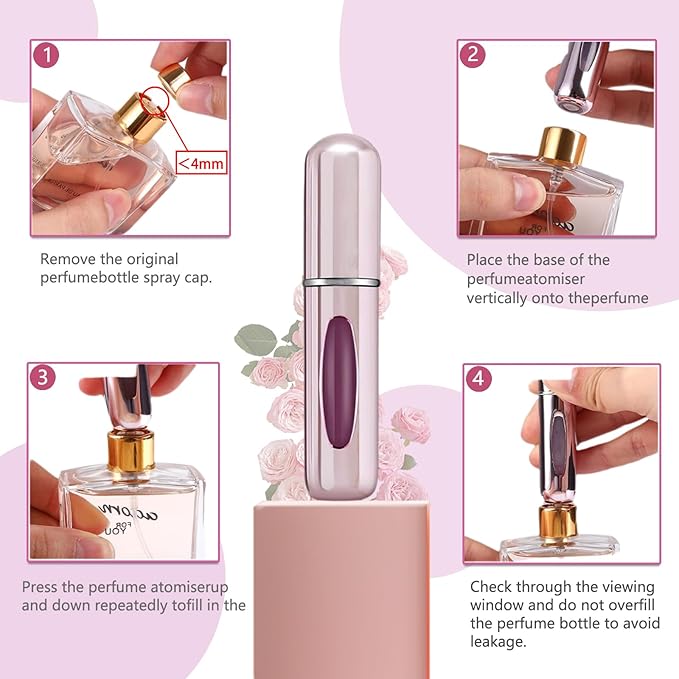 opasyo 4 Pcs Mini Perfume Atomizer Refillable Bottle, 5ml Portable Bottom Fill Scent Dispenser, Leak-Proof Cologne Travel Spray Pump for Purse & Luggage (Silver/Pink/Blue/Black)