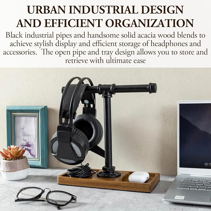 MyGift Premium Acacia Solid Wood and Industrial Black Metal Pipe T-Bar Over Ear Headphones Holder, Tabletop Dual Headphone Display Stand with Accessories Tray