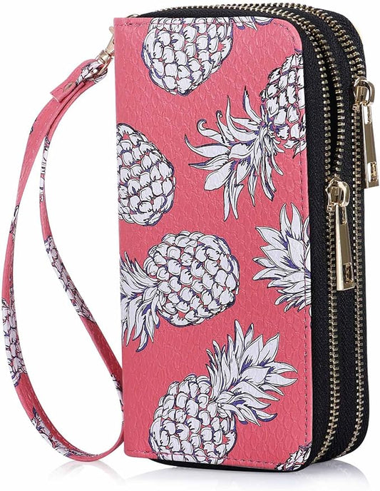 Cellphone Wallet for Women Dual Zipper Long Purse with Removable Wristlet