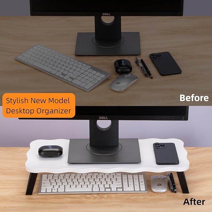 Monitor Stand Riser, Wooden Computer Stand for Desk, Wood and Steel Multi-Purpose Desktop Storage Laptop Riser Desk Shelf for Computer, Laptop, PC, Printer, 21.65 x 9.45 x 3.94 Inch Length (White/2 Pcs)