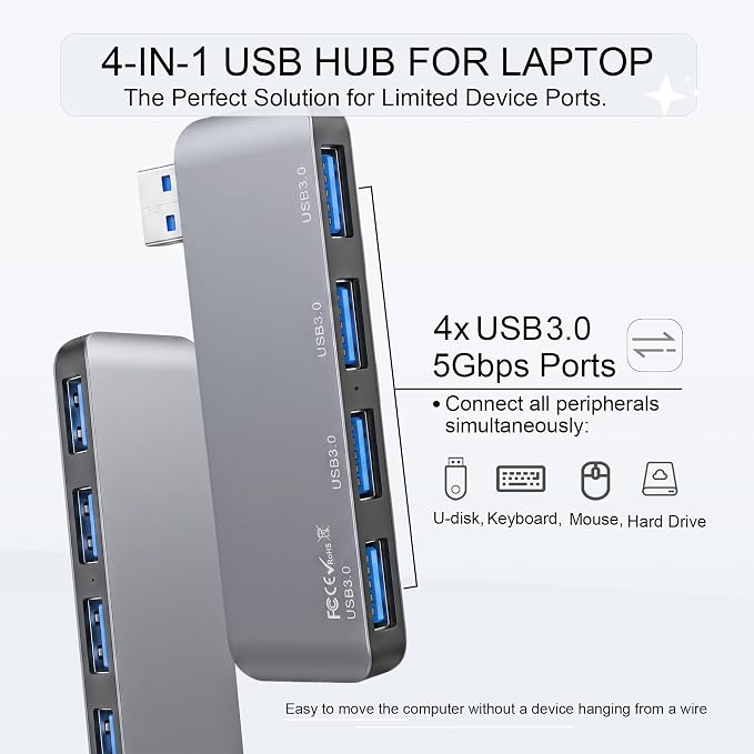 Portable 4-Port USB 3.0 Hub with Direct Plug-in USB Male Connector Design | Space-Saving USB Hub Compatible with Laptops and Desktops, Works with Windows, macOS, Linux and Chrome OS